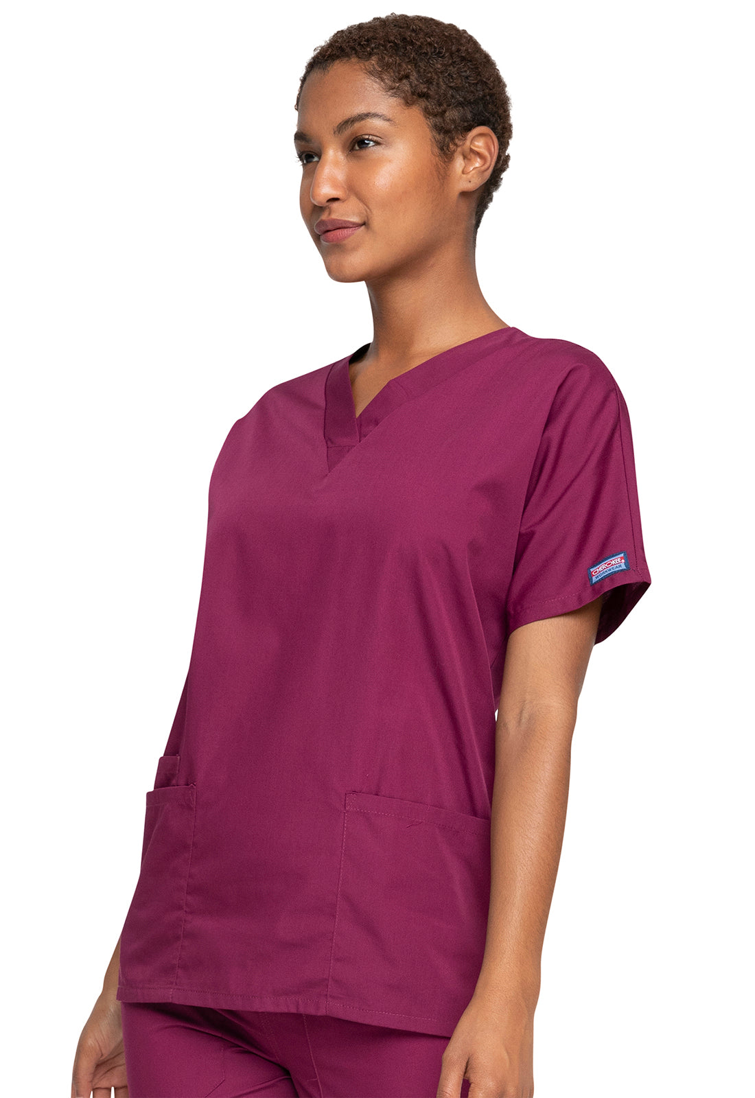 Originals 4700 V-Neck Top Wine Model Image Right Side | Cherokee Workwear