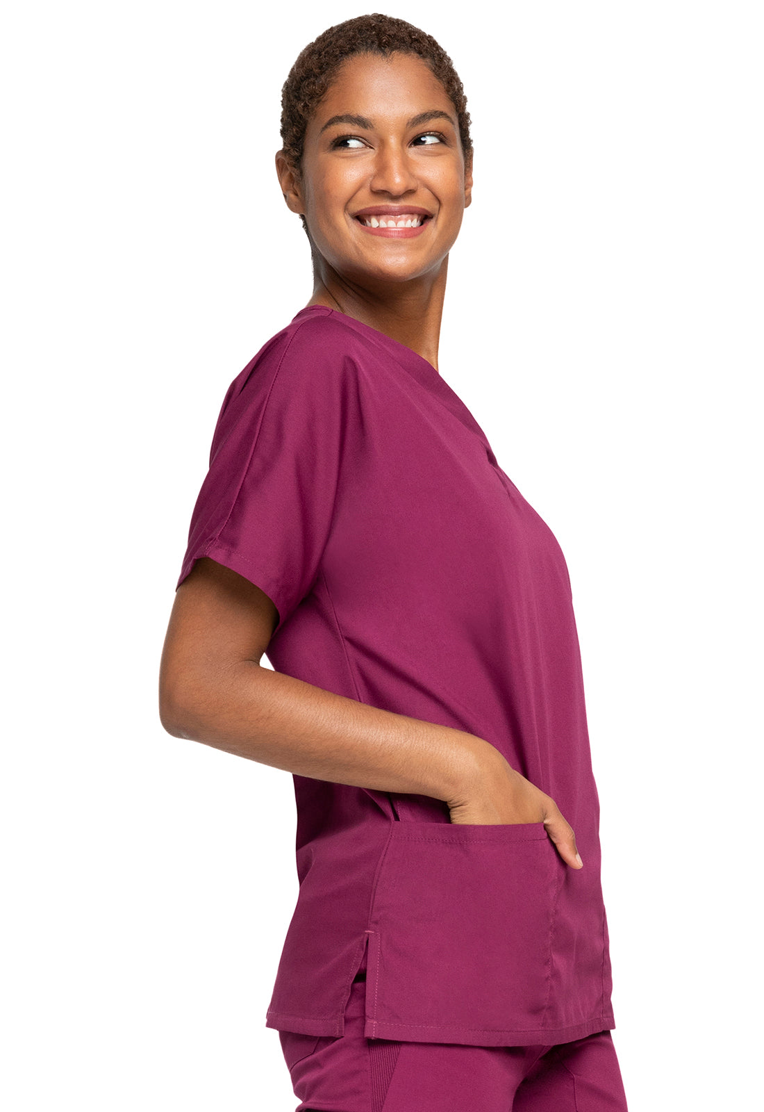 Originals 4700 V-Neck Top Wine Model Image Left Side | Cherokee Workwear