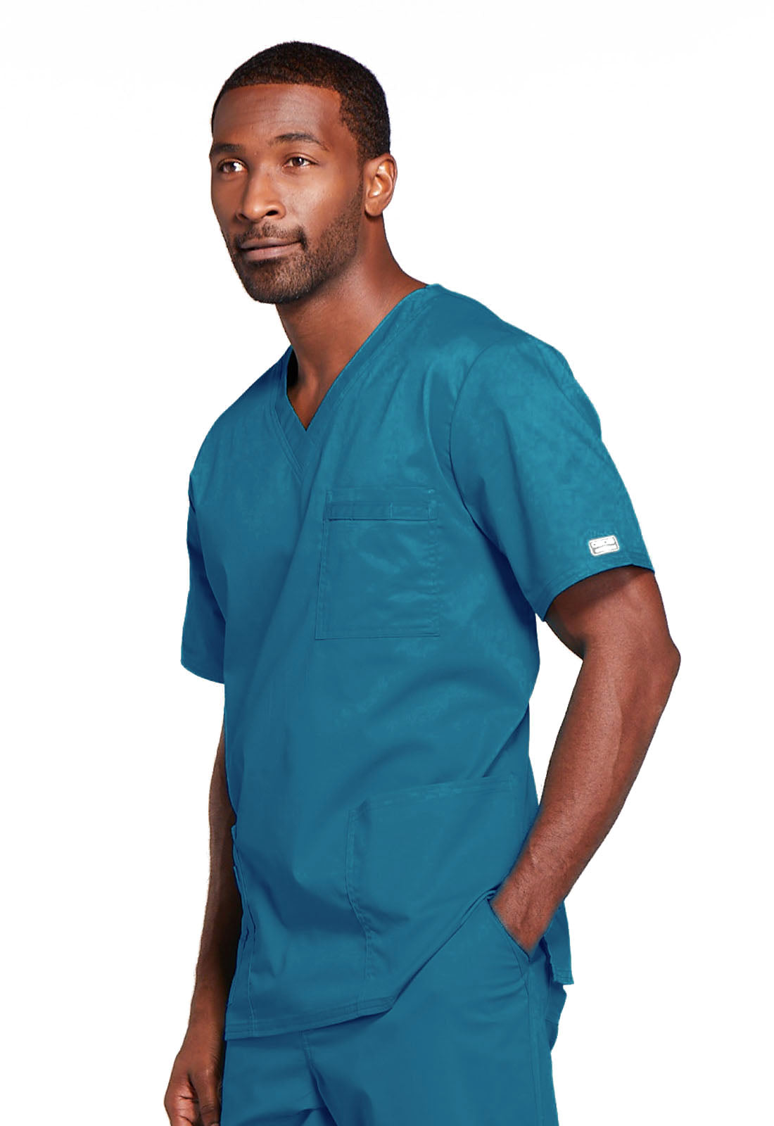 Core Stretch 4725 Unisex V-Neck Top Caribbean Blue Model Image Right Side | Cherokee Workwear