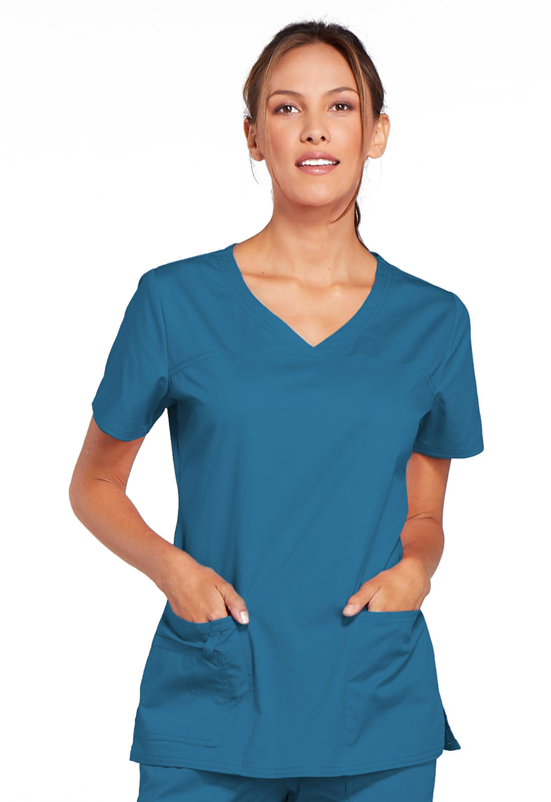 Core Stretch 4727 V-Neck Top Caribbean Blue Model Image Front | Cherokee Workwear