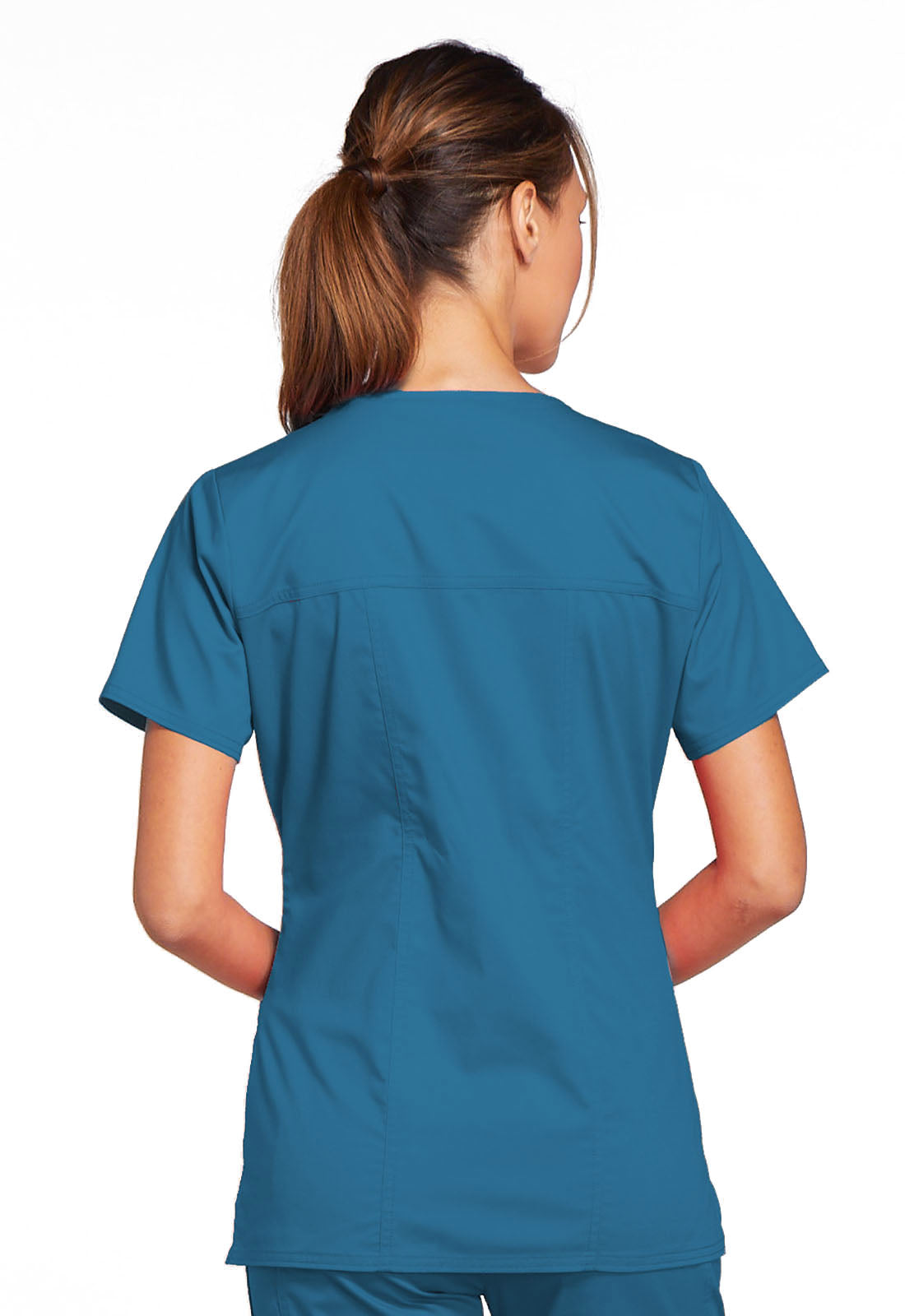 Core Stretch 4727 V-Neck Top Caribbean Blue Model Image Back | Cherokee Workwear