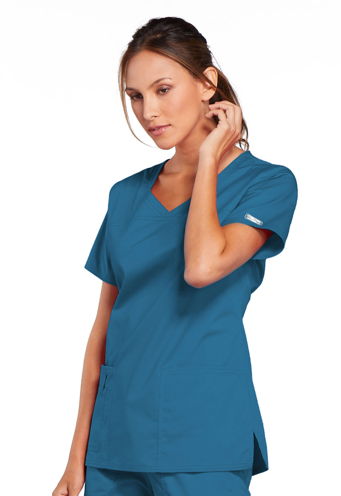 Core Stretch 4727 V-Neck Top Caribbean Blue Model Image Right Side | Cherokee Workwear