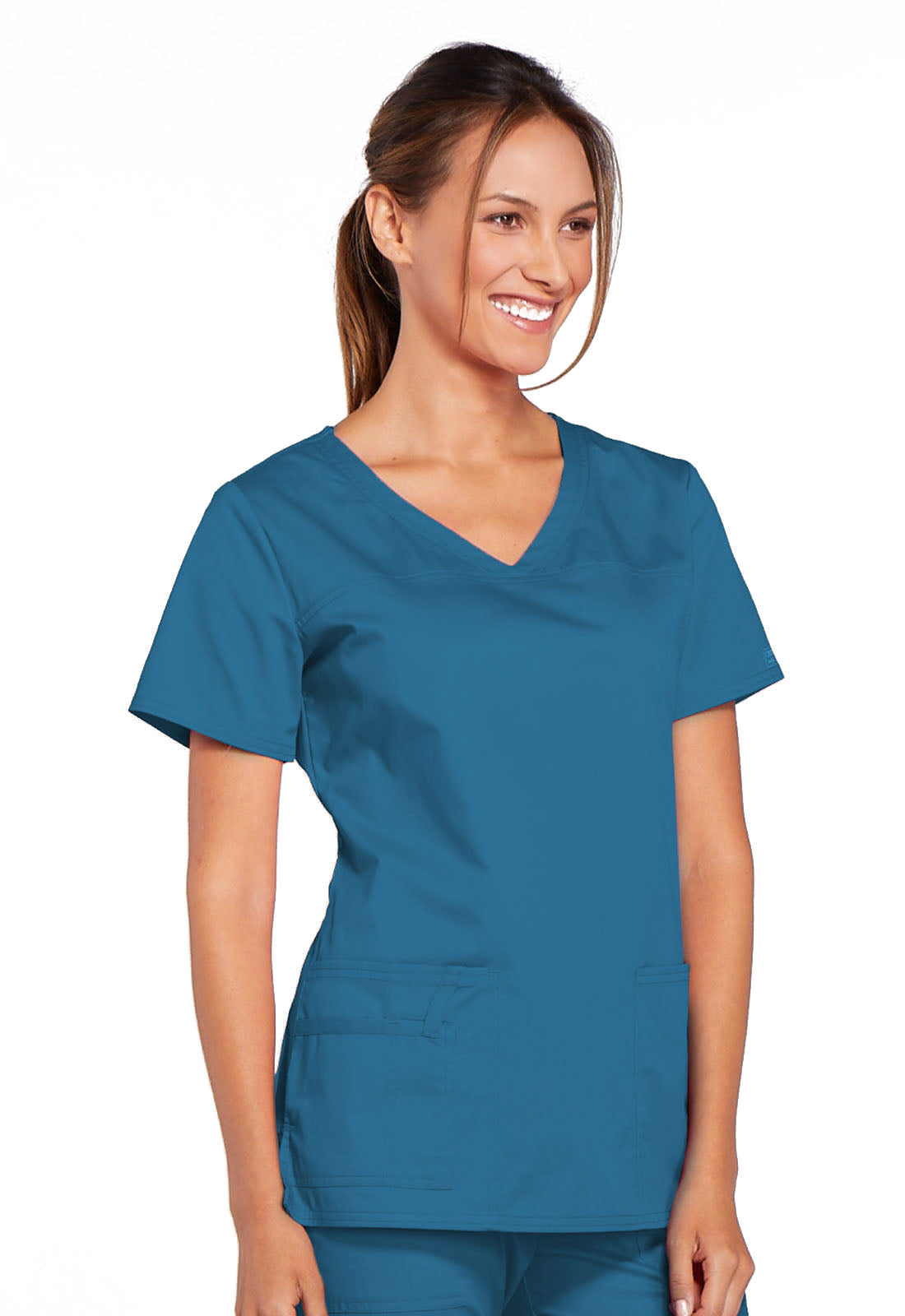 Core Stretch 4727 V-Neck Top Caribbean Blue Model Image Left Side | Cherokee Workwear