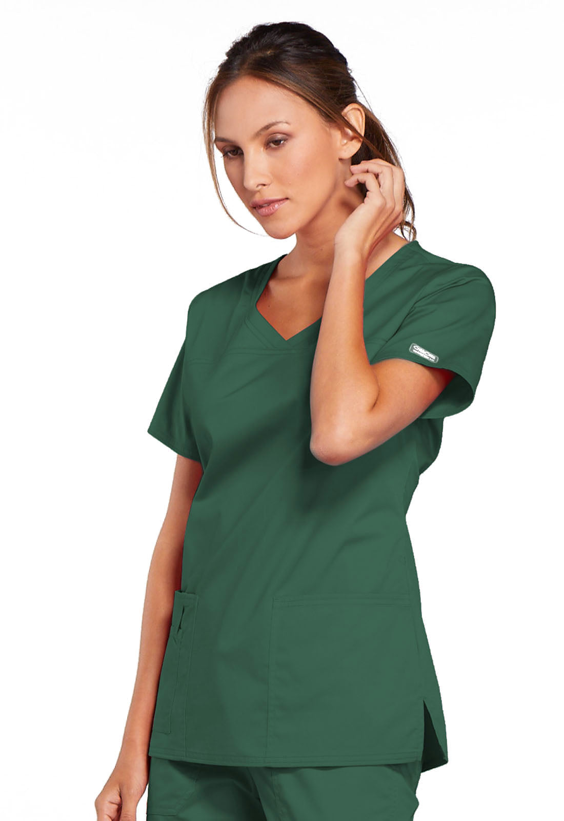 Core Stretch 4727 V-Neck Top Hunter Green Model Image Right Side | Cherokee Workwear