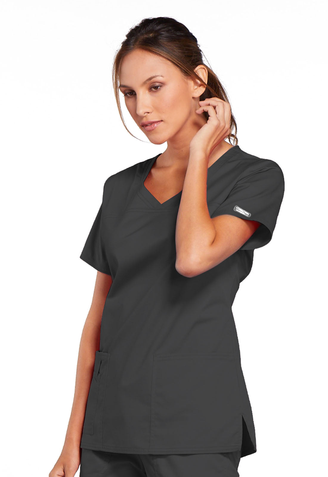 Core Stretch 4727 V-Neck Top Pewter Model Image Right Side | Cherokee Workwear