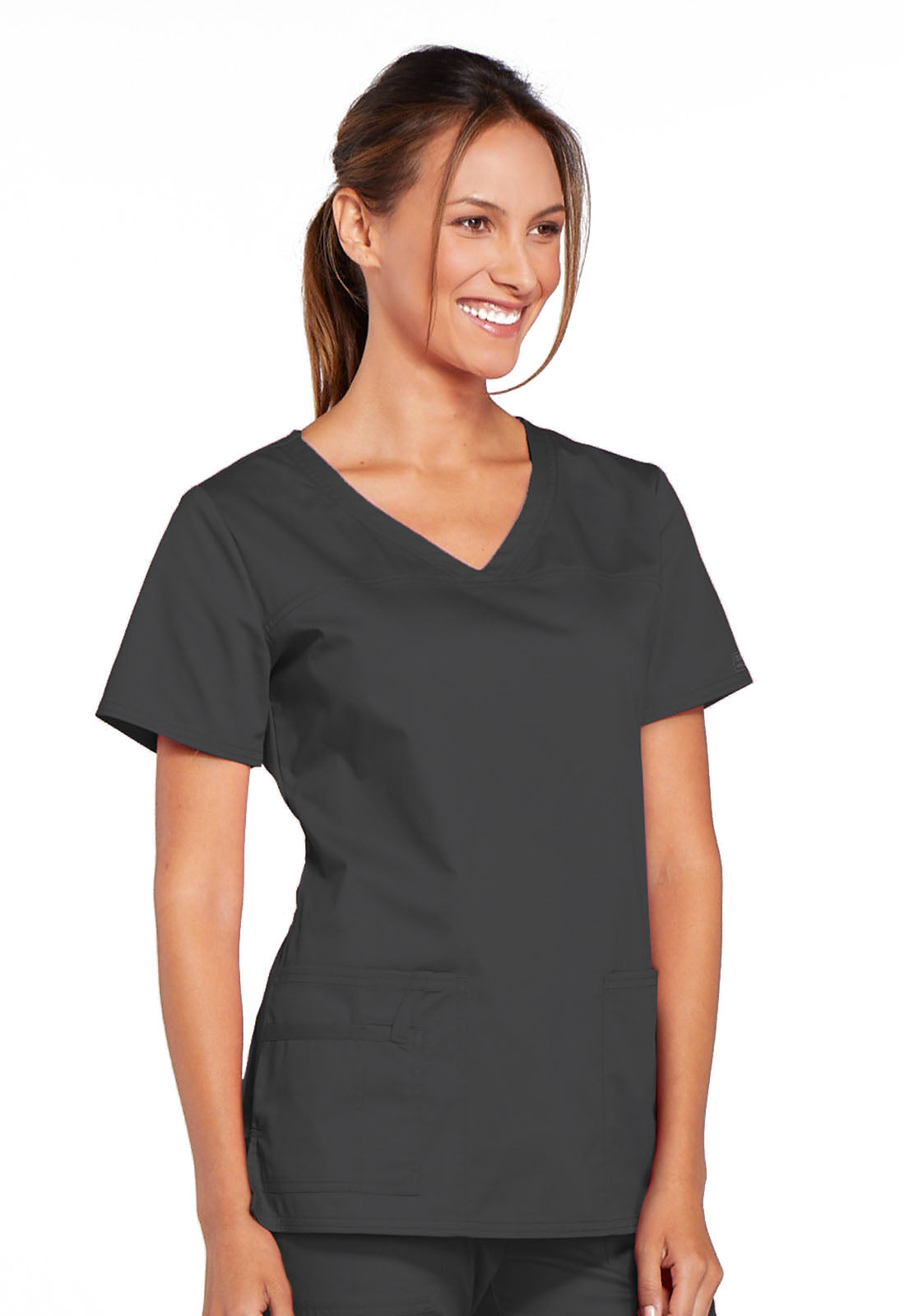 Core Stretch 4727 V-Neck Top Pewter Model Image Left Side | Cherokee Workwear