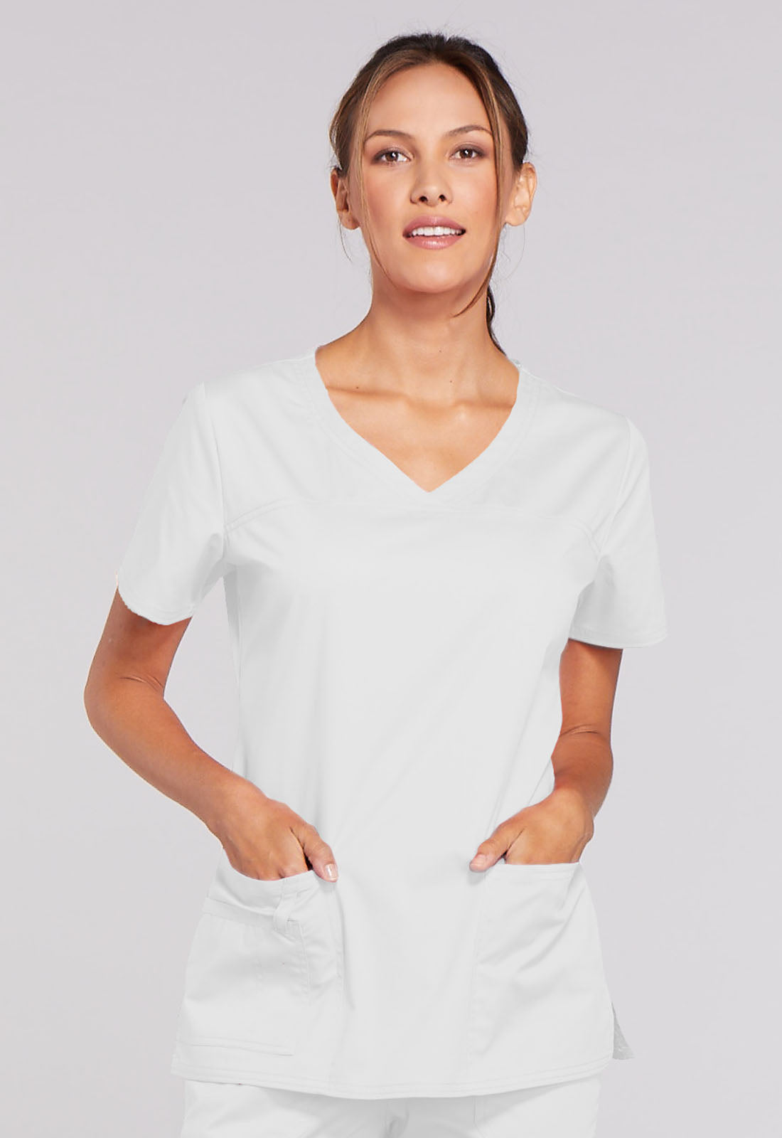 Core Stretch 4727 V-Neck Top White Model Image Front | Cherokee Workwear