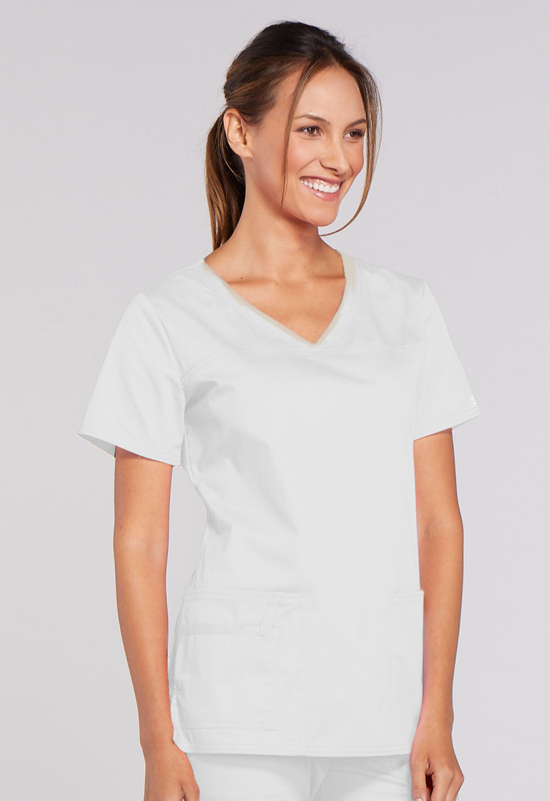 Core Stretch 4727 V-Neck Top White Model Image Left Side | Cherokee Workwear