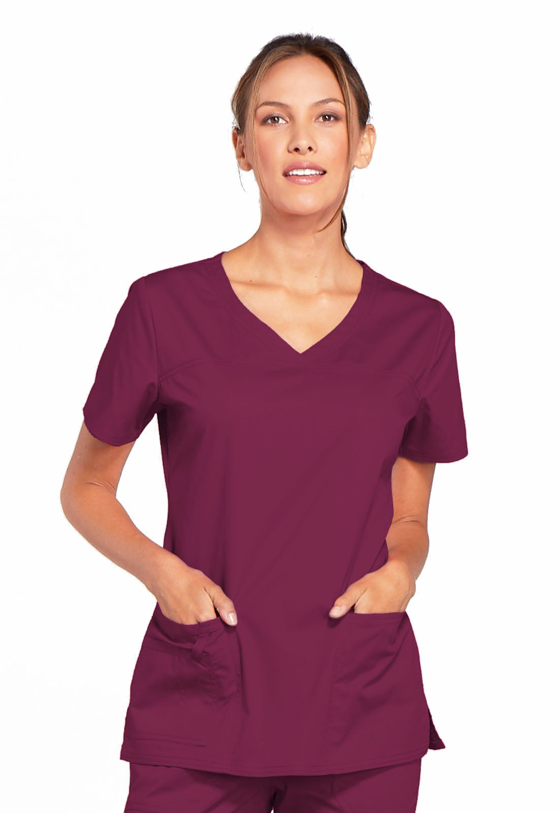 Core Stretch 4727 V-Neck Top Wine Model Image Front | Cherokee Workwear