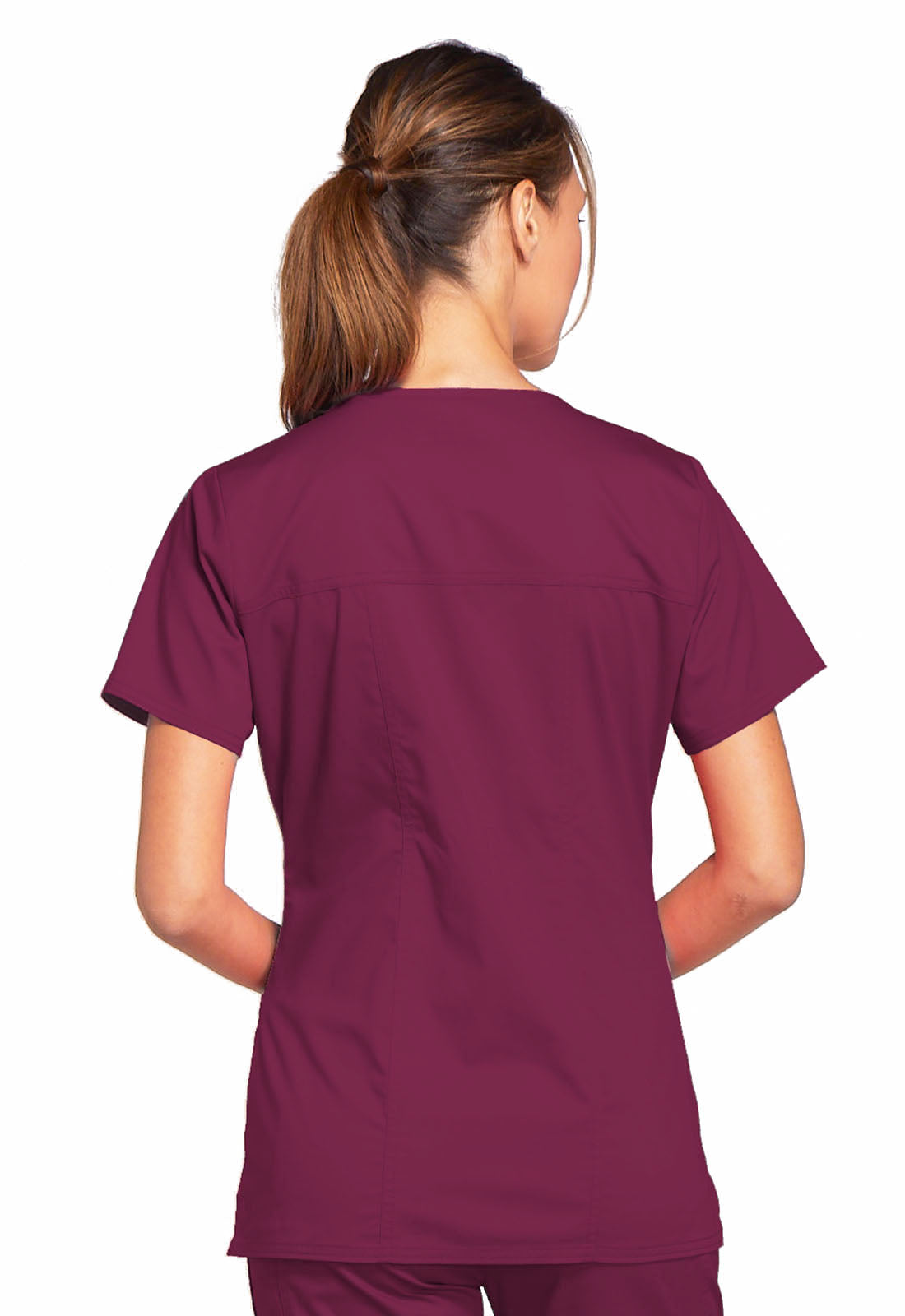 Core Stretch 4727 V-Neck Top Wine Model Image Back | Cherokee Workwear