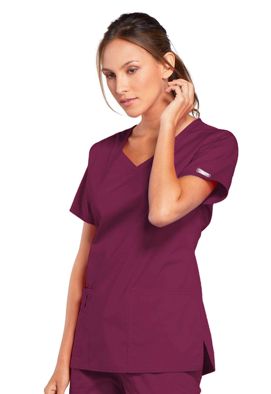 Core Stretch 4727 V-Neck Top Wine Model Image Right Side | Cherokee Workwear