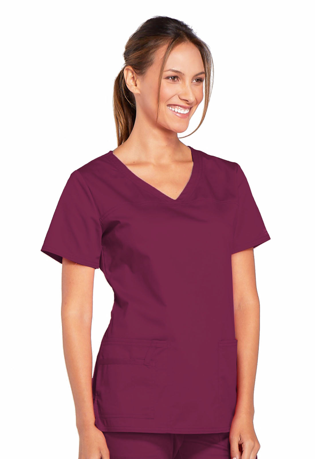 Core Stretch 4727 V-Neck Top Wine Model Image Left Side | Cherokee Workwear