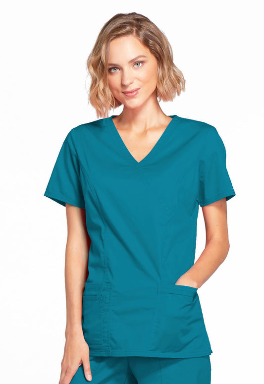 Core Stretch 4728 Mock Wrap Top Caribbean Blue Model Image Front | Cherokee Workwear