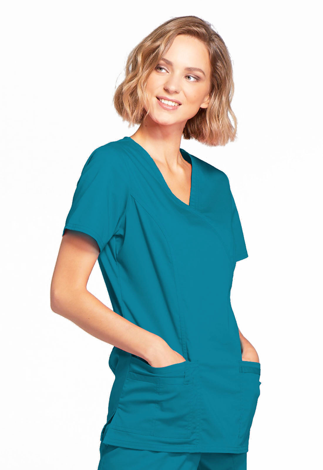 Core Stretch 4728 Mock Wrap Top Caribbean Blue Model Image Left Side | Cherokee Workwear