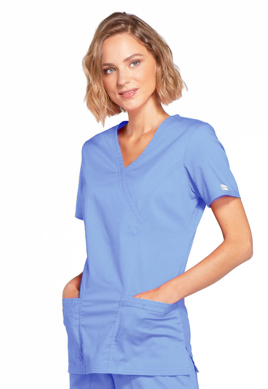 Core Stretch 4728 Mock Wrap Top Ciel Model Image Right Side | Cherokee Workwear