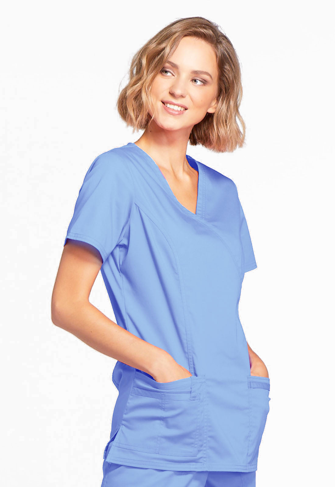 Core Stretch 4728 Mock Wrap Top Ciel Model Image Left Side | Cherokee Workwear