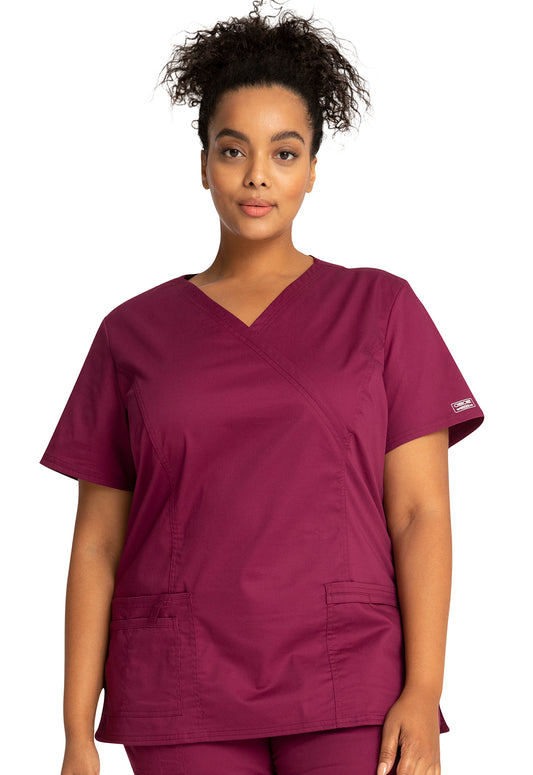 Core Stretch 4728 Mock Wrap Top Wine Model Image Front | Cherokee Workwear