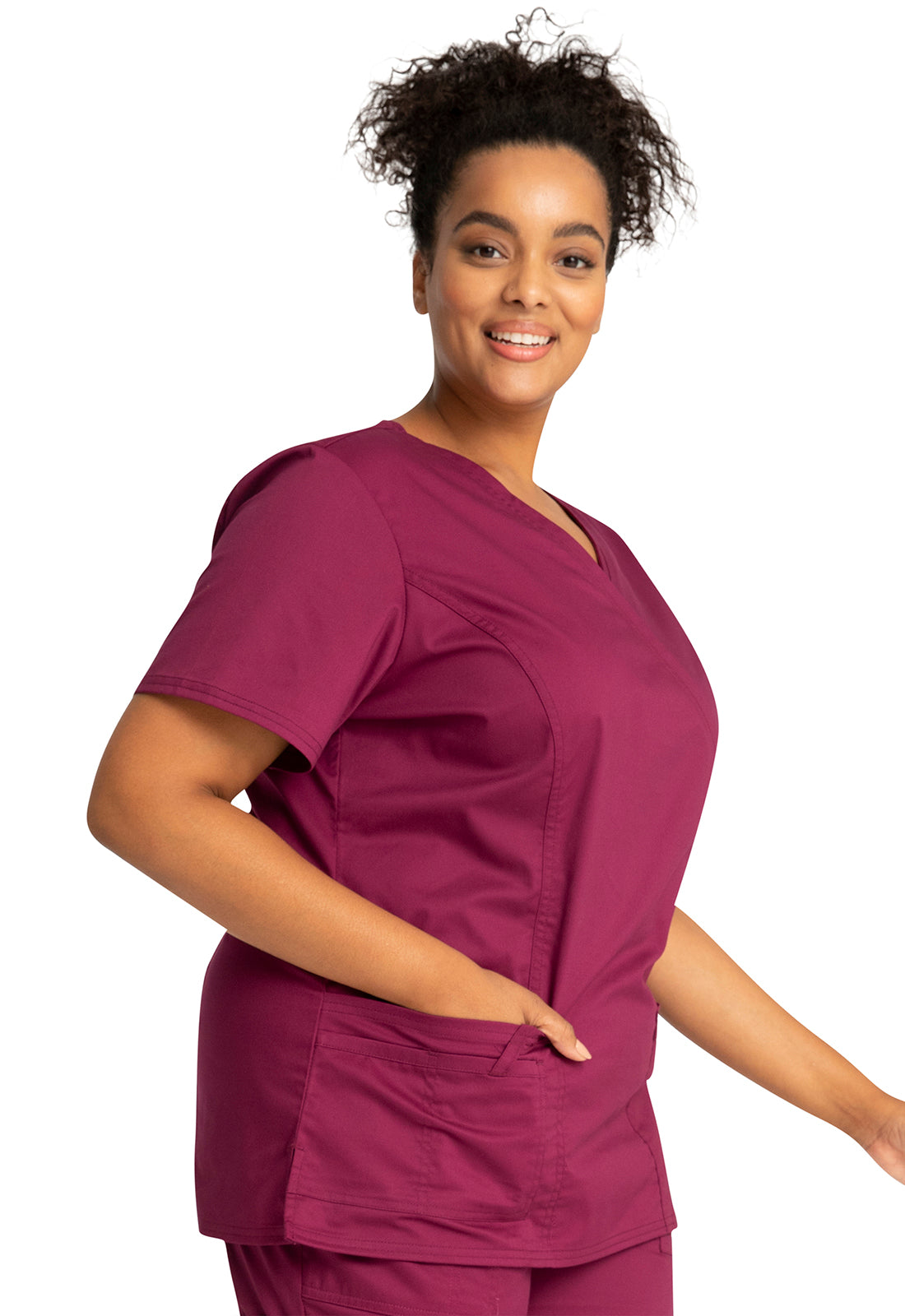 Core Stretch 4728 Mock Wrap Top Wine Model Image Left Side | Cherokee Workwear