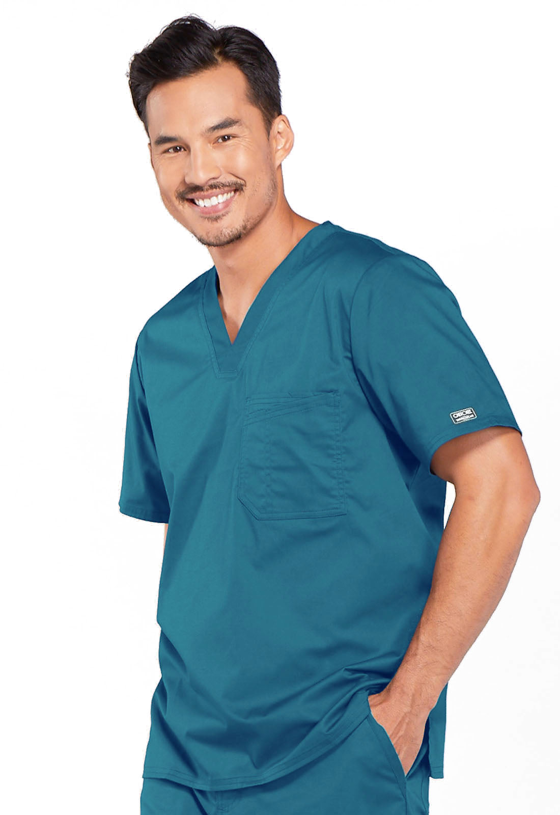 Core Stretch 4743 Men's Tuckable V-Neck Top Caribbean Blue Model Image Right Side | Cherokee Workwear