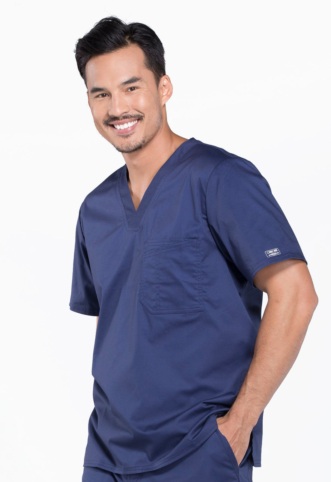 Core Stretch 4743 Men's Tuckable V-Neck Top Navy Model Image Right Side | Cherokee Workwear