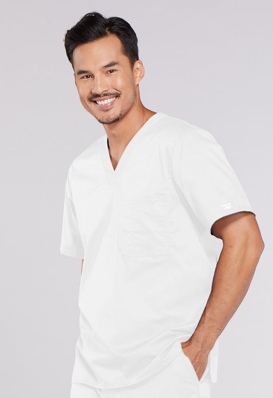 Core Stretch 4743 Men's Tuckable V-Neck Top White Model Image Right Side | Cherokee Workwear