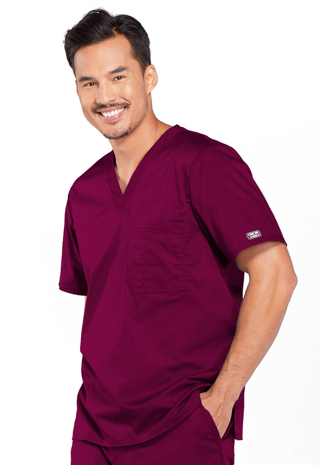 Core Stretch 4743 Men's Tuckable V-Neck Top Wine Model Image Right Side | Cherokee Workwear