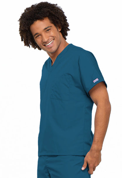 Originals 4777 Unisex V-Neck Tunic Caribbean Blue Model Image Right Side | Cherokee Workwear