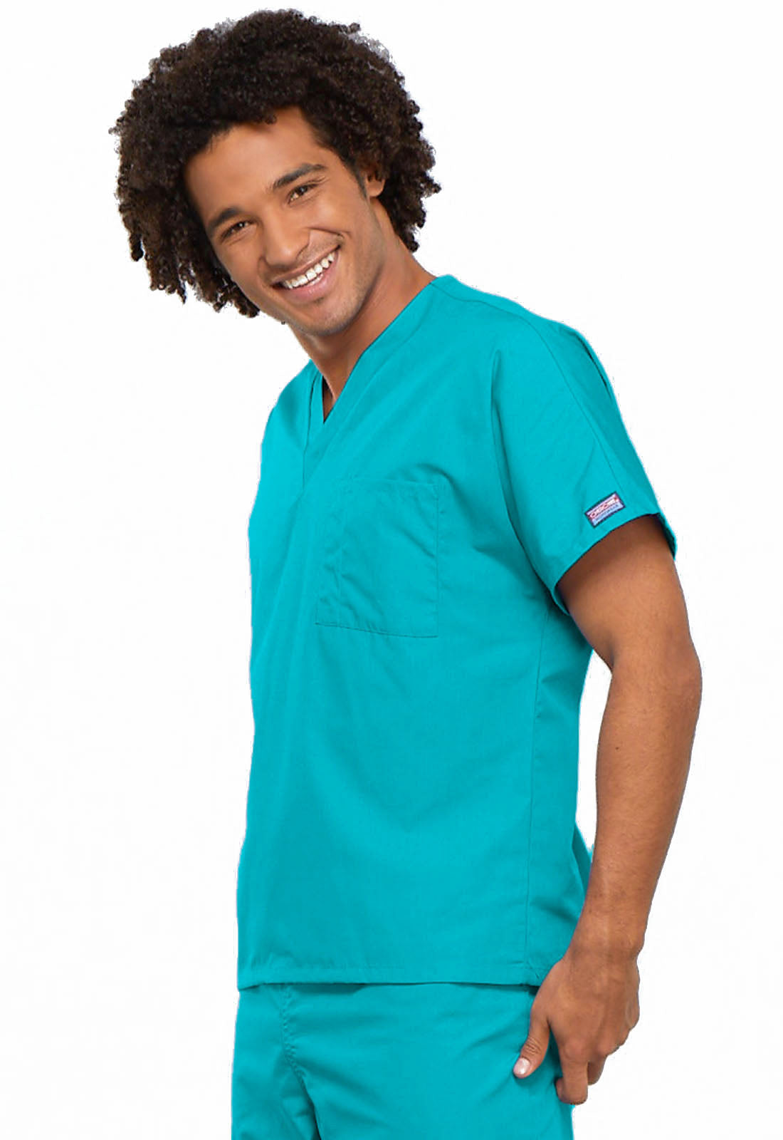 Originals 4777 Unisex V-Neck Tunic Turquoise Model Image Right Side | Cherokee Workwear