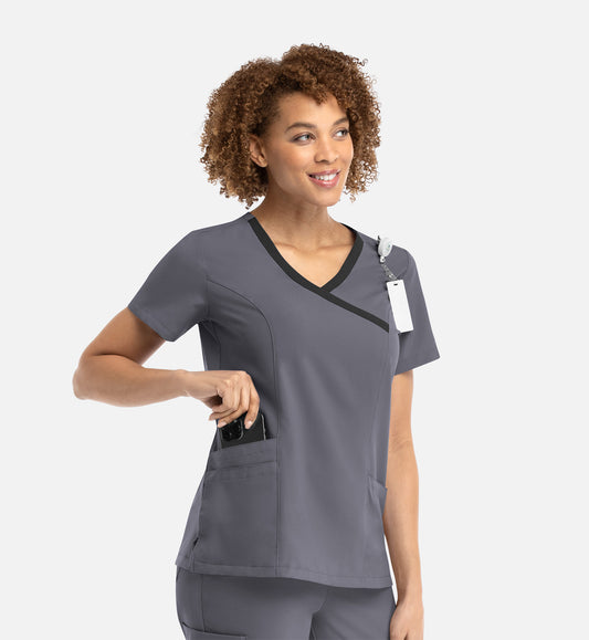 Momentum 5004 Women's Mock Wrap Top With Contrast Trim Pewter