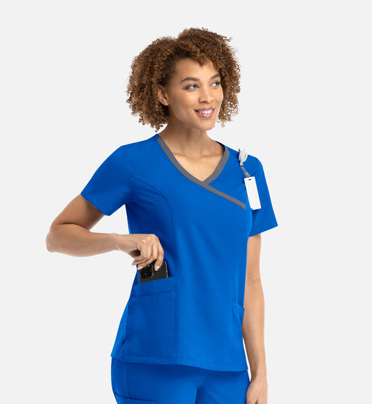 Momentum 5004 Women's Mock Wrap Top With Contrast Trim Royal Blue