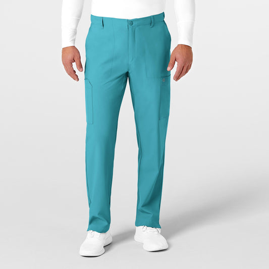 W123 5355 Men's Flat Front Cargo Scrub Pants Teal Blue Model Image Front | Wink