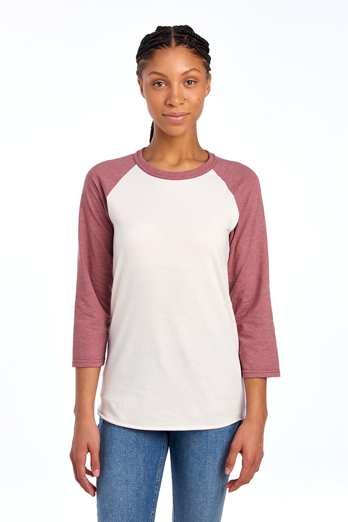 Jerzees Unisex Premium Blend Combed Ring Spun 3/4-Sleeve Raglan 560R Sweet Cream Heather/ Heather Mauve