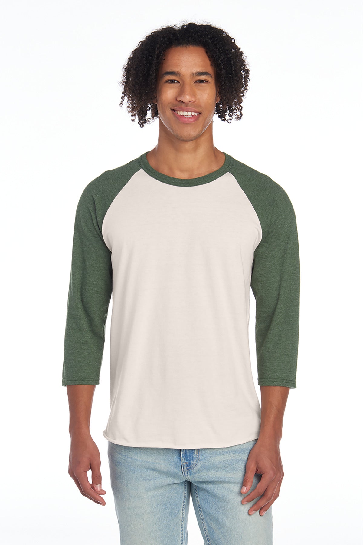 Jerzees Unisex Premium Blend Combed Ring Spun 3/4-Sleeve Raglan 560R Sweet Cream Heather/ Military Green Heather