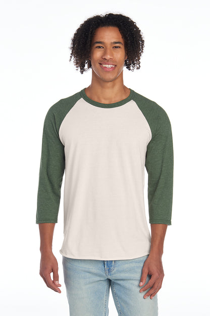 Jerzees Unisex Premium Blend Combed Ring Spun 3/4-Sleeve Raglan 560R Sweet Cream Heather/ Military Green Heather