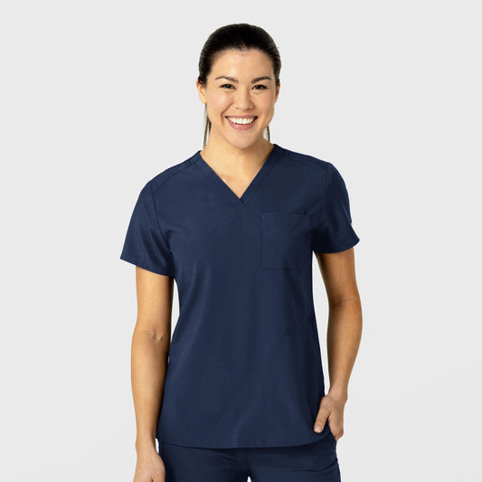 W123 6045 Flex-n-Reach V-Neck Scrub Top Navy Model Image Front | Wink