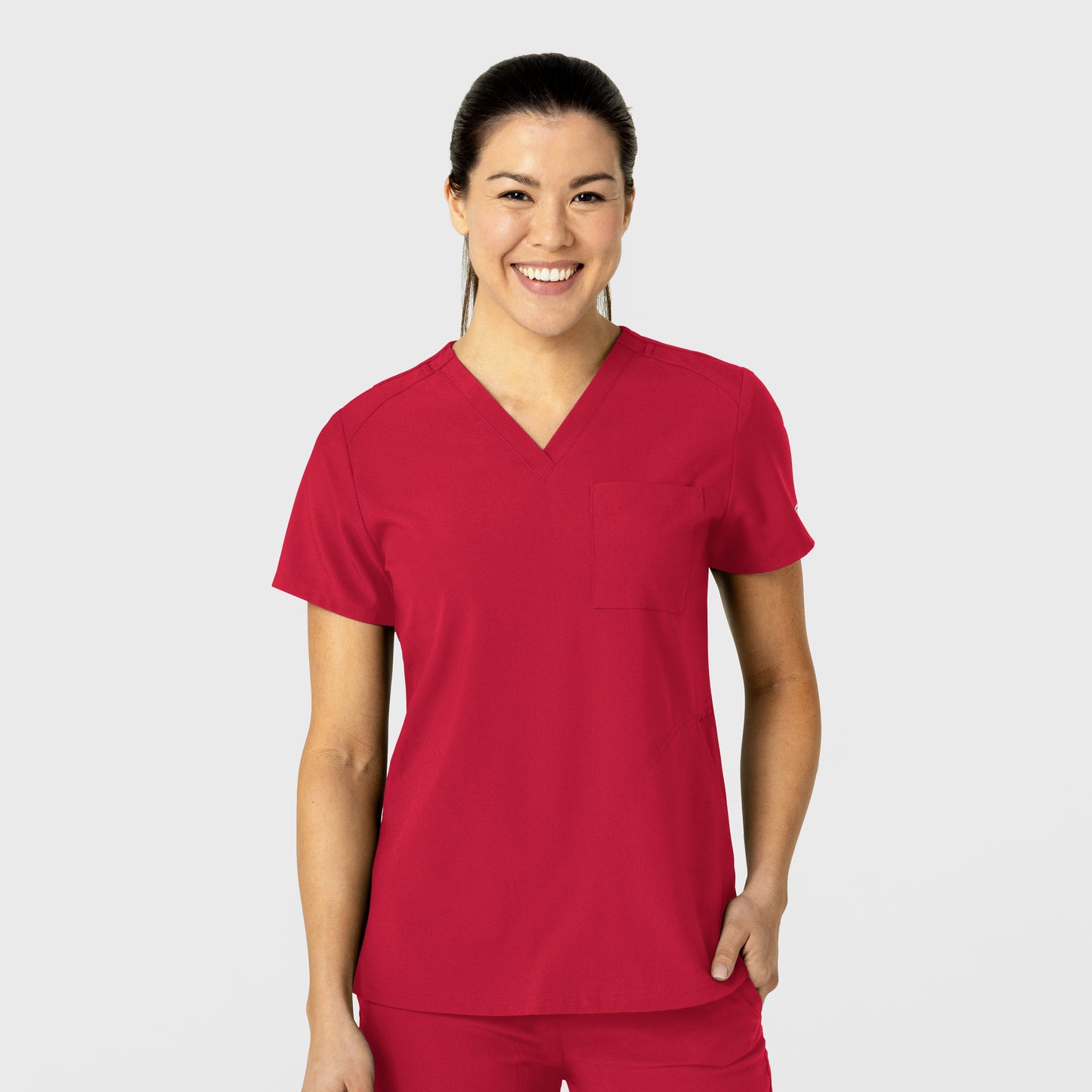 W123 6045 Flex-n-Reach V-Neck Scrub Top Red Model Image Front | Wink