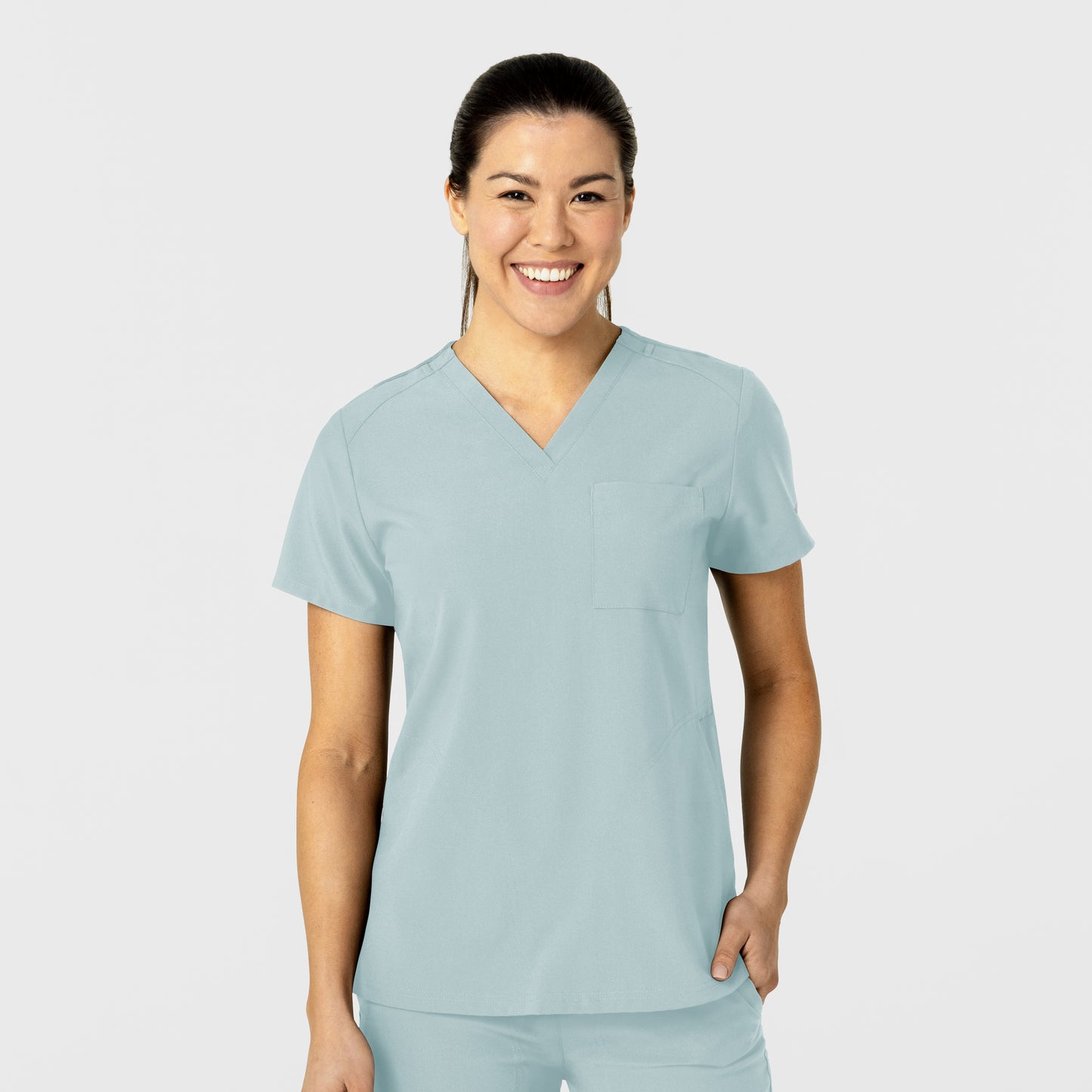 W123 6045 Flex-n-Reach V-Neck Scrub Top Sky Blue Model Image Front | Wink