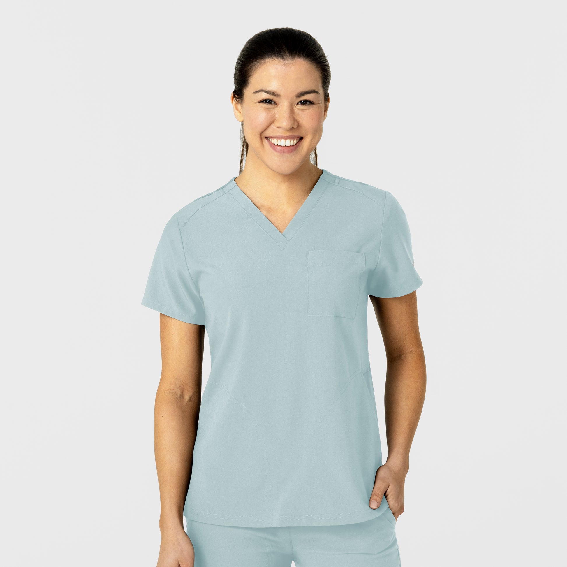 W123 6045 Flex-n-Reach V-Neck Scrub Top Sky Blue Model Image Front | Wink