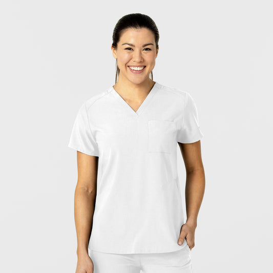 W123 6045 Flex-n-Reach V-Neck Scrub Top White Model Image Front | Wink