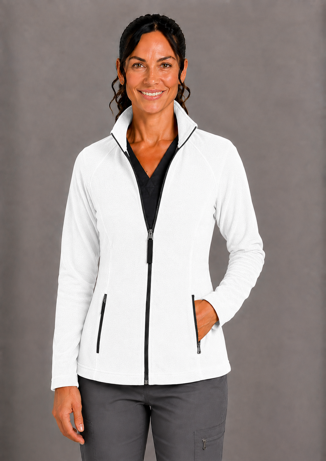 Perfect Fleece 6055 Women's 2 Pocket Bonded Fleece Full Zip Jacket White