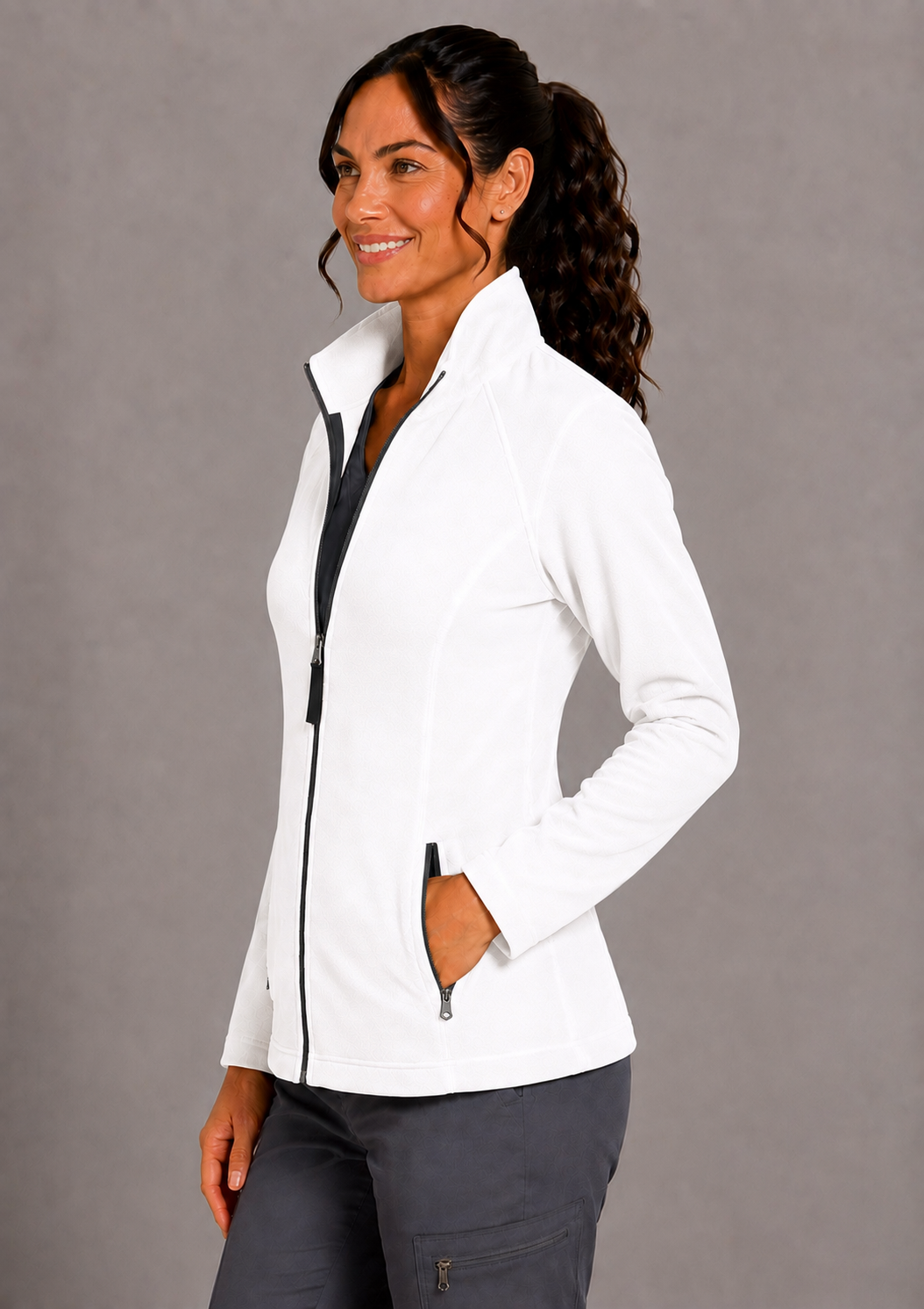 Perfect Fleece 6055 Women's 2 Pocket Bonded Fleece Full Zip Jacket White