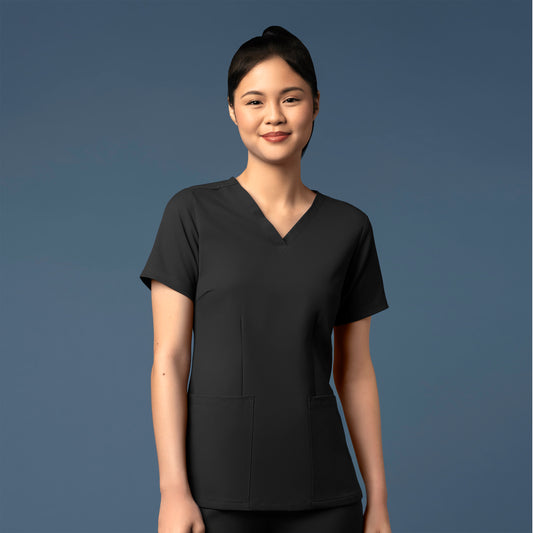 Thrive 6122 Fitted 3-Pocket V-Neck Scrub Top Black Model Image Front | Wink