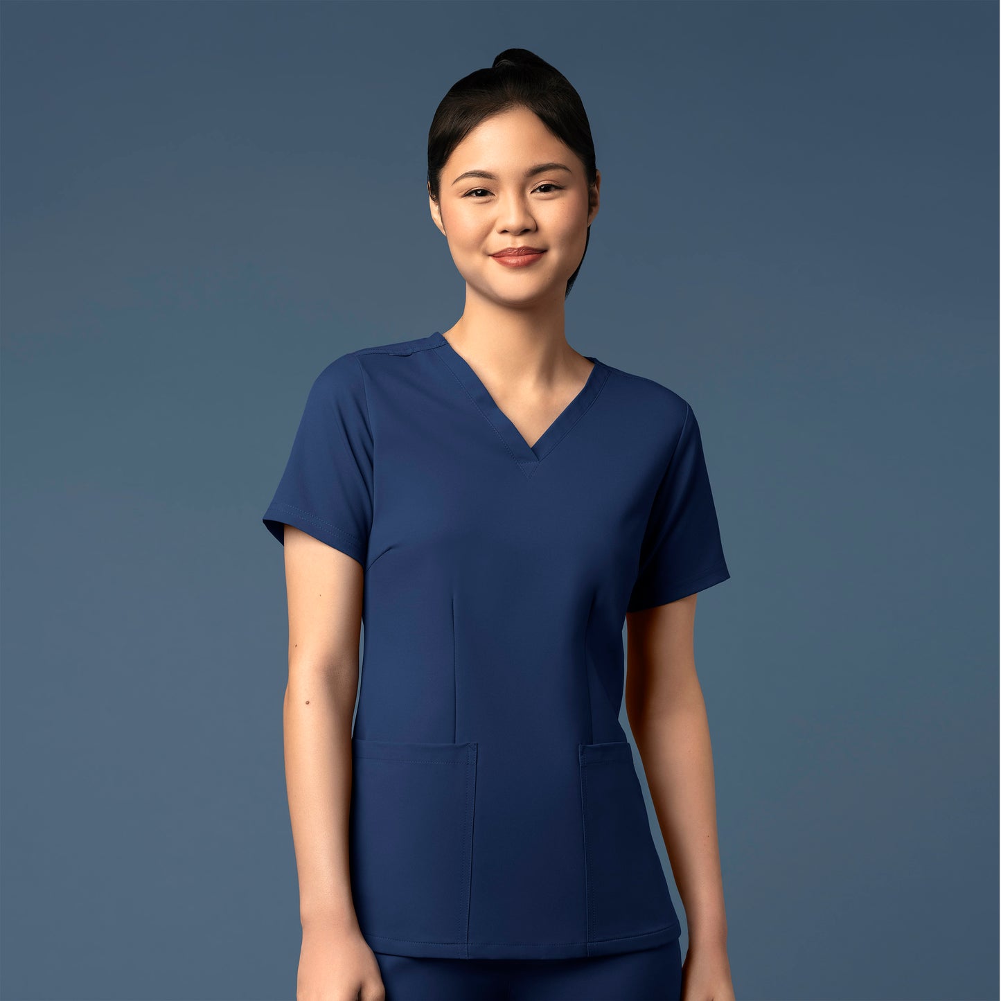 Thrive 6122 Fitted 3-Pocket V-Neck Scrub Top Navy Model Image Front | Wink