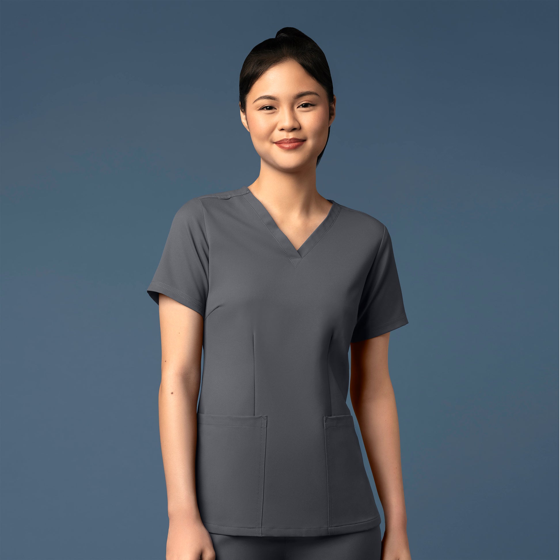 Thrive 6122 Fitted 3-Pocket V-Neck Scrub Top Pewter Model Image Front | Wink