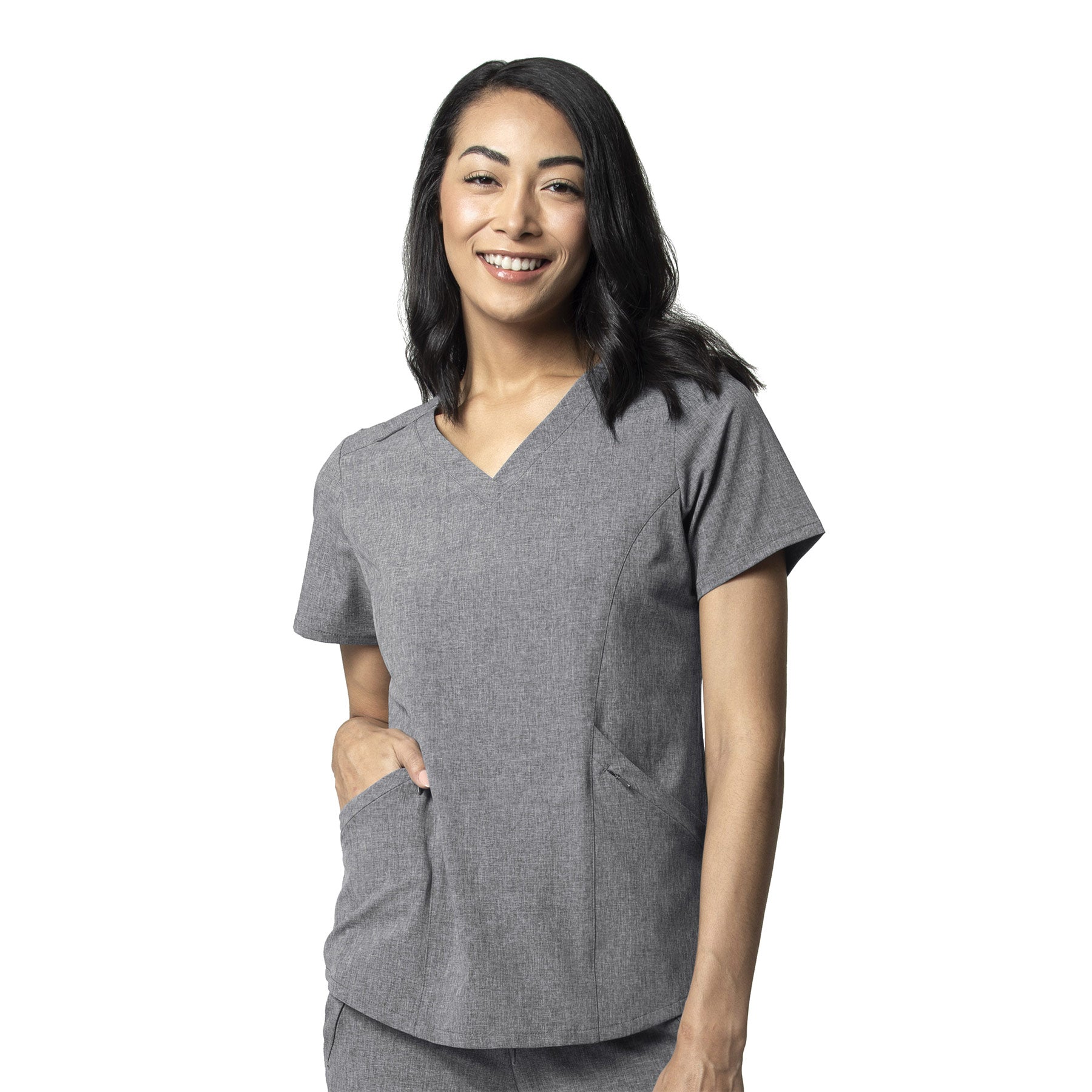 RENEW 6134 V-Neck Scrub Top Grey Heather Model Image Front | Wink