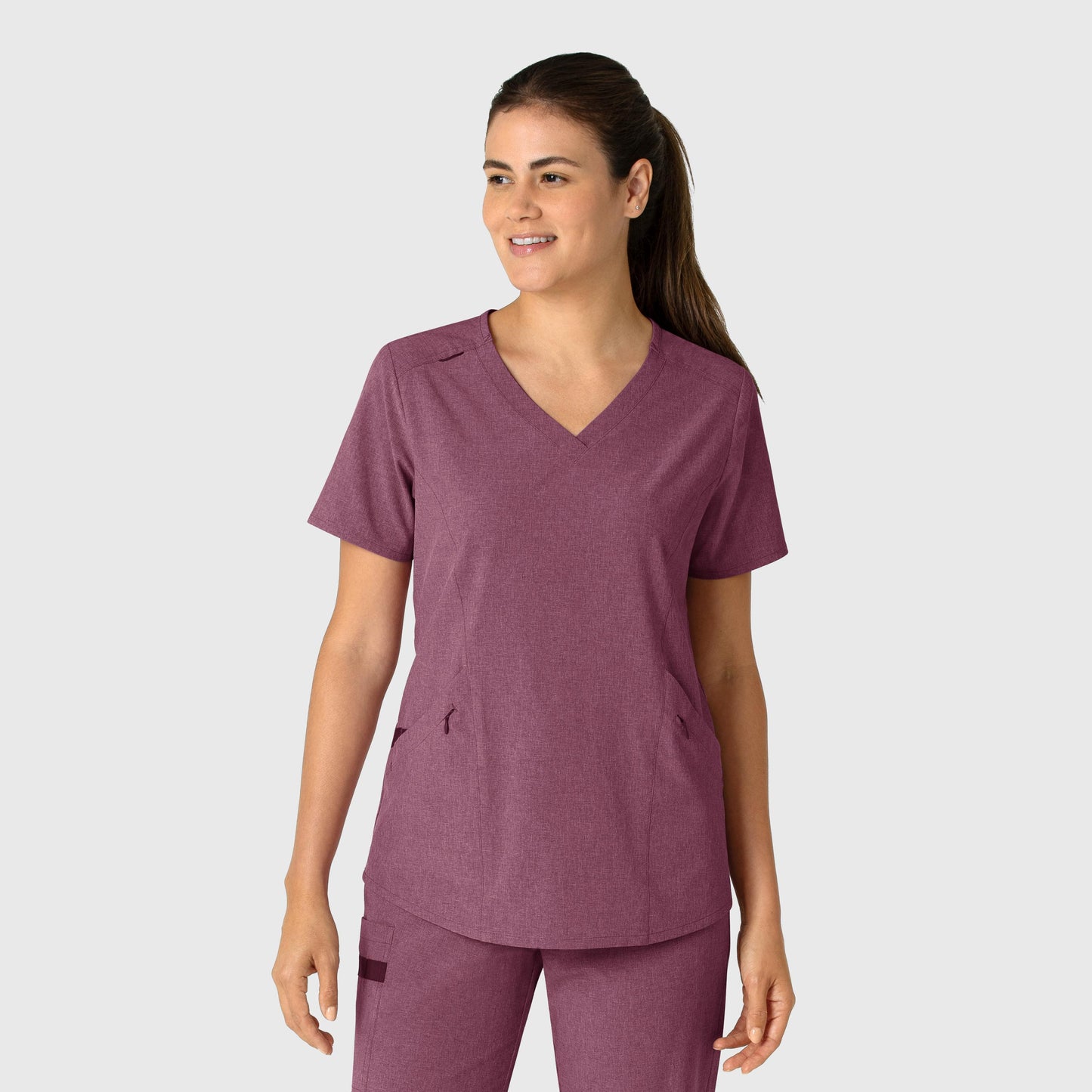 RENEW 6134 V-Neck Scrub Top Wine Heather Model Image Front | Wink