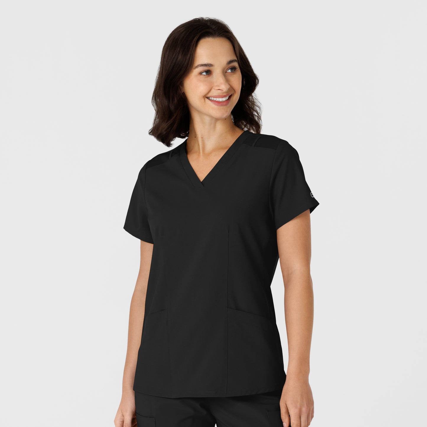 W123 6145 Flex-n-Reach Side Panel V-Neck Scrub Top Black Model Image Front | Wink