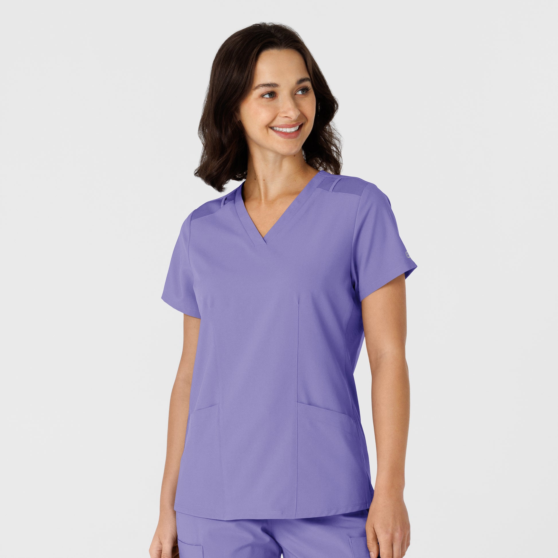 W123 6145 Flex-n-Reach Side Panel V-Neck Scrub Top Iris Purple Model Image Front | Wink