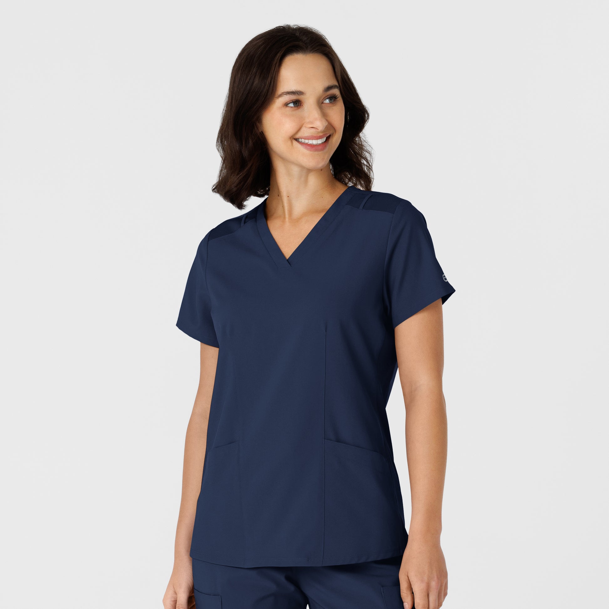 W123 6145 Flex-n-Reach Side Panel V-Neck Scrub Top Navy Model Image Front | Wink