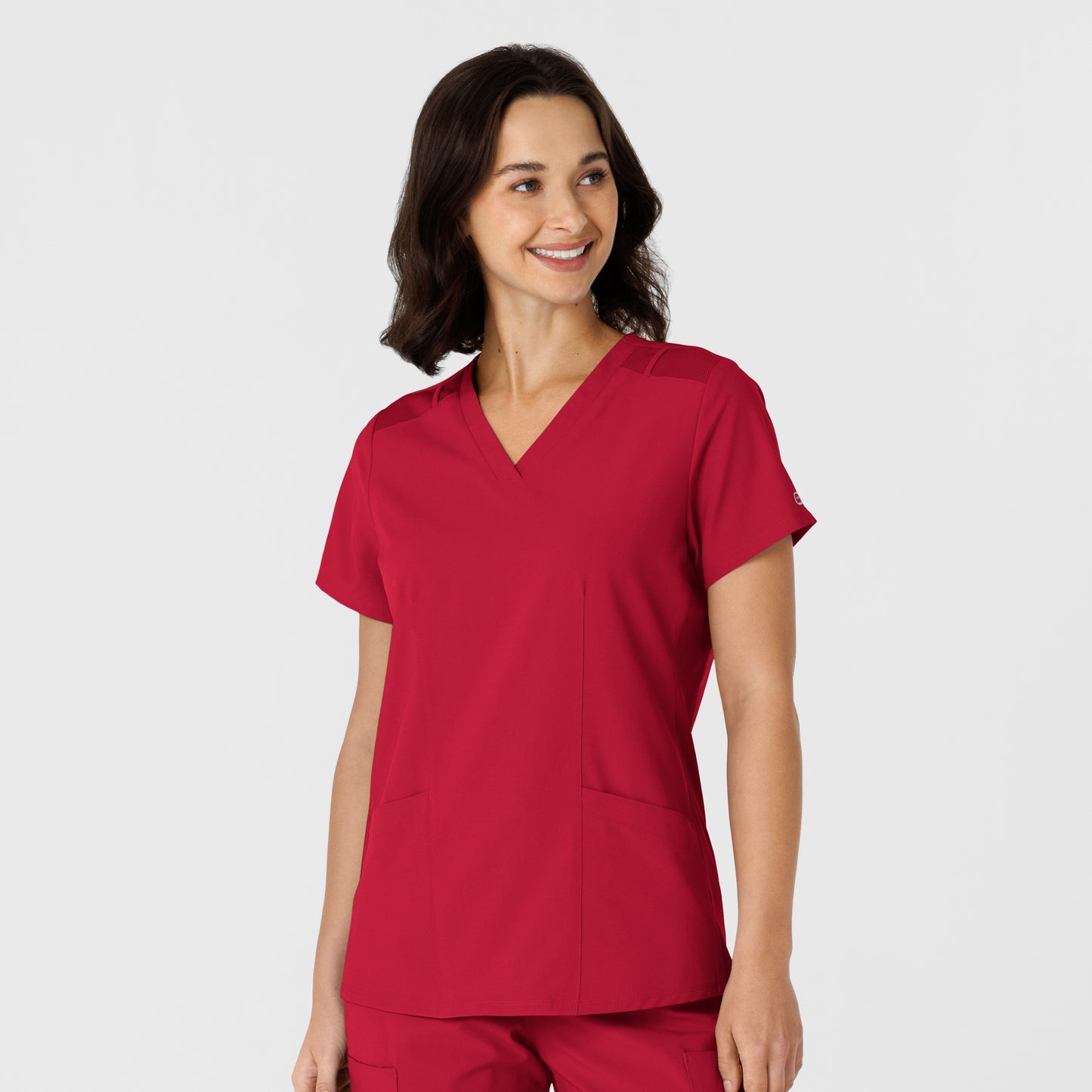 W123 6145 Flex-n-Reach Side Panel V-Neck Scrub Top Red Model Image Front | Wink